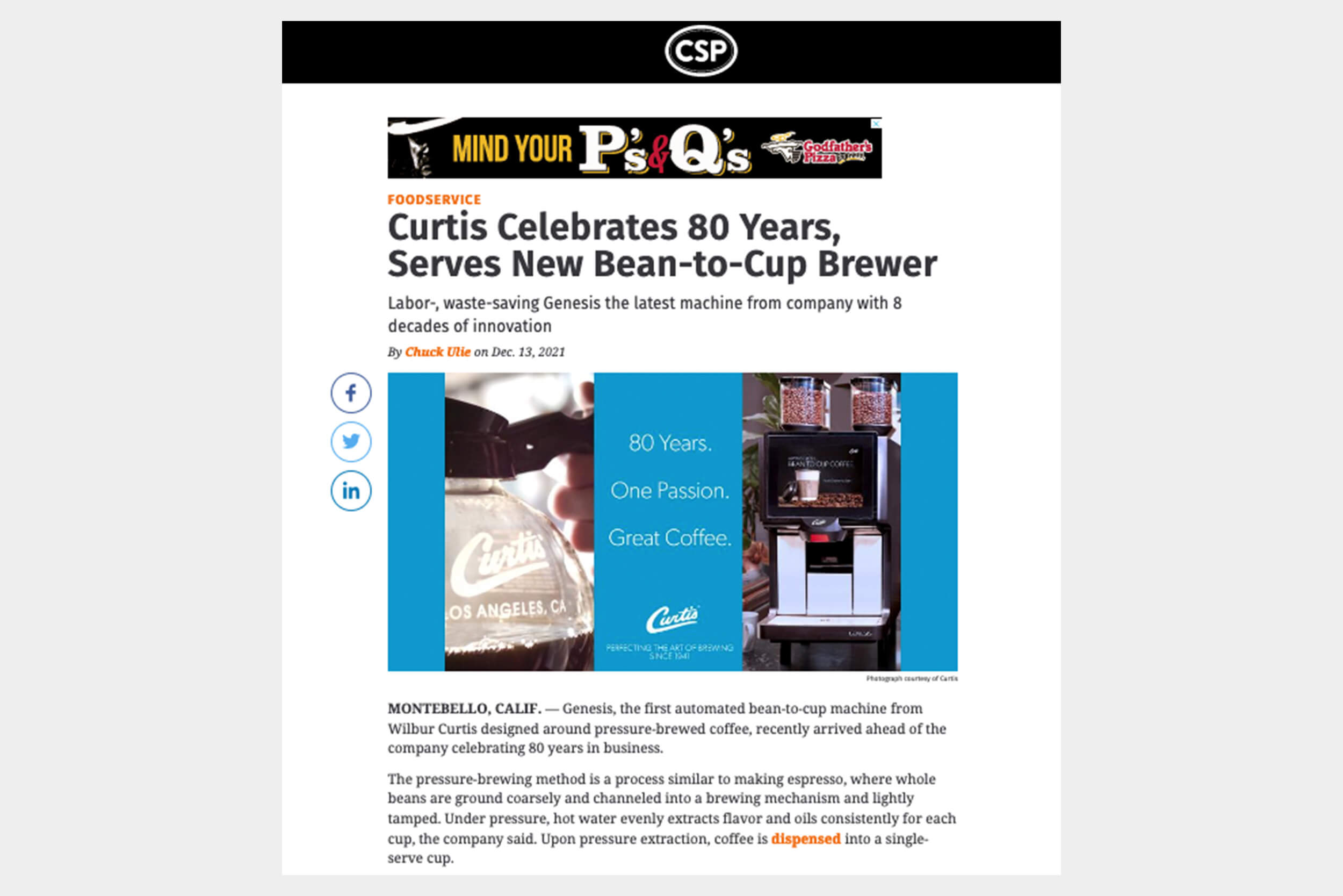 Curtis celebrates 80. Serves new bean-to-cup brewer